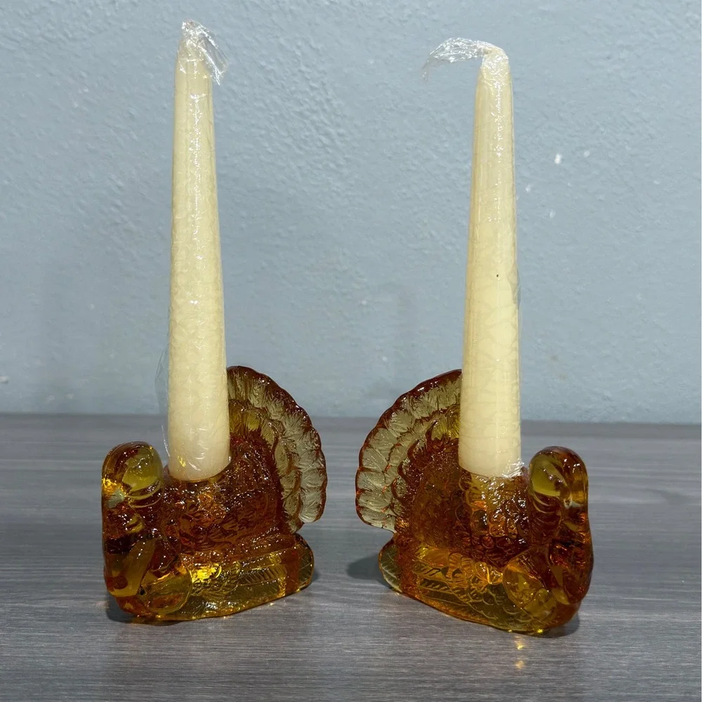 Crystal Clear 3in Amber Glass Turkey Candle Holders Set of 2 Thanksgiving Decor